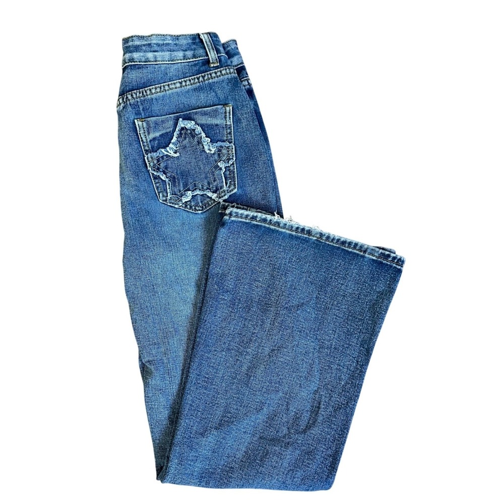 Romwe Flare Jeans Womens 4 Blue Star Patchwork High‎ Rise Wide Leg Y2K Denim
